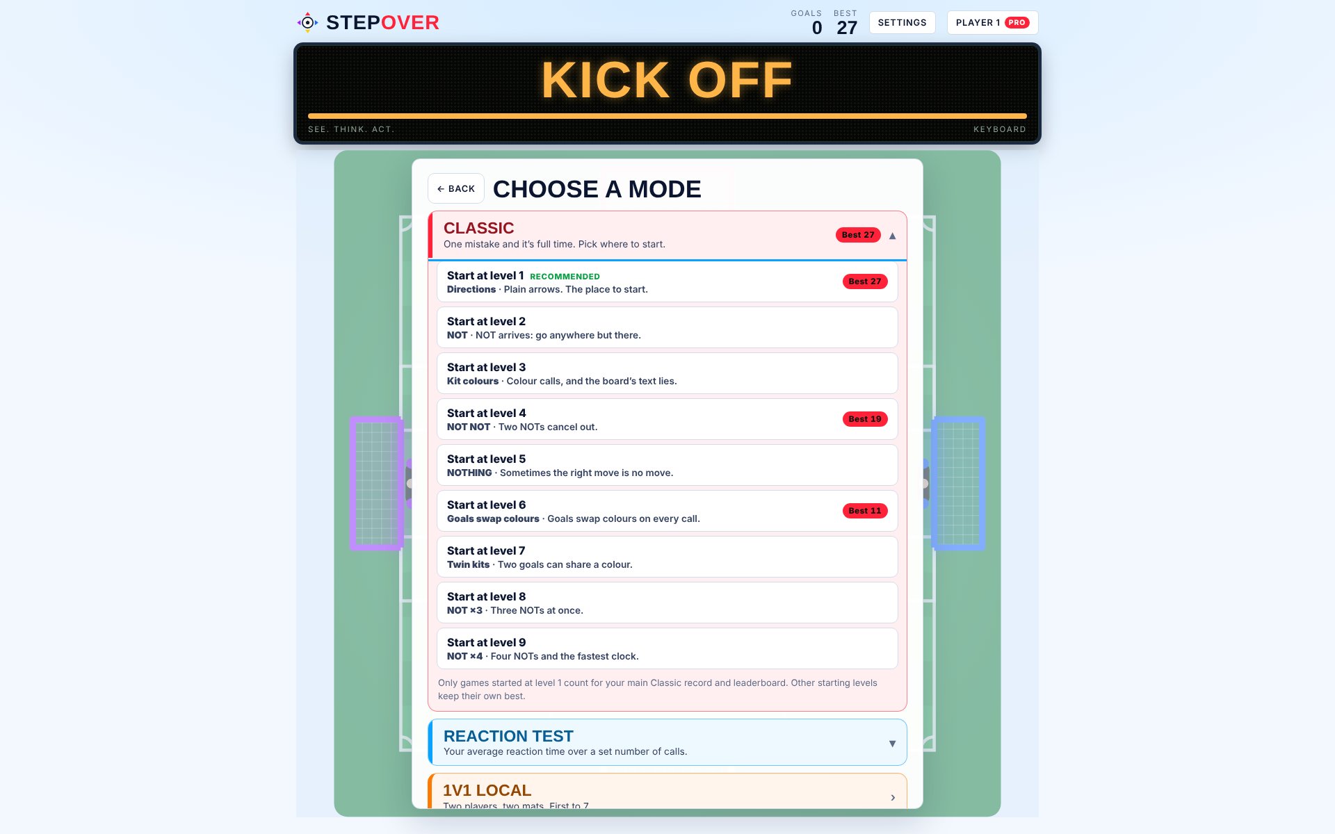 StepOver mode picker showing the nine starting levels for Sudden Death, each with a short hint and its own best score